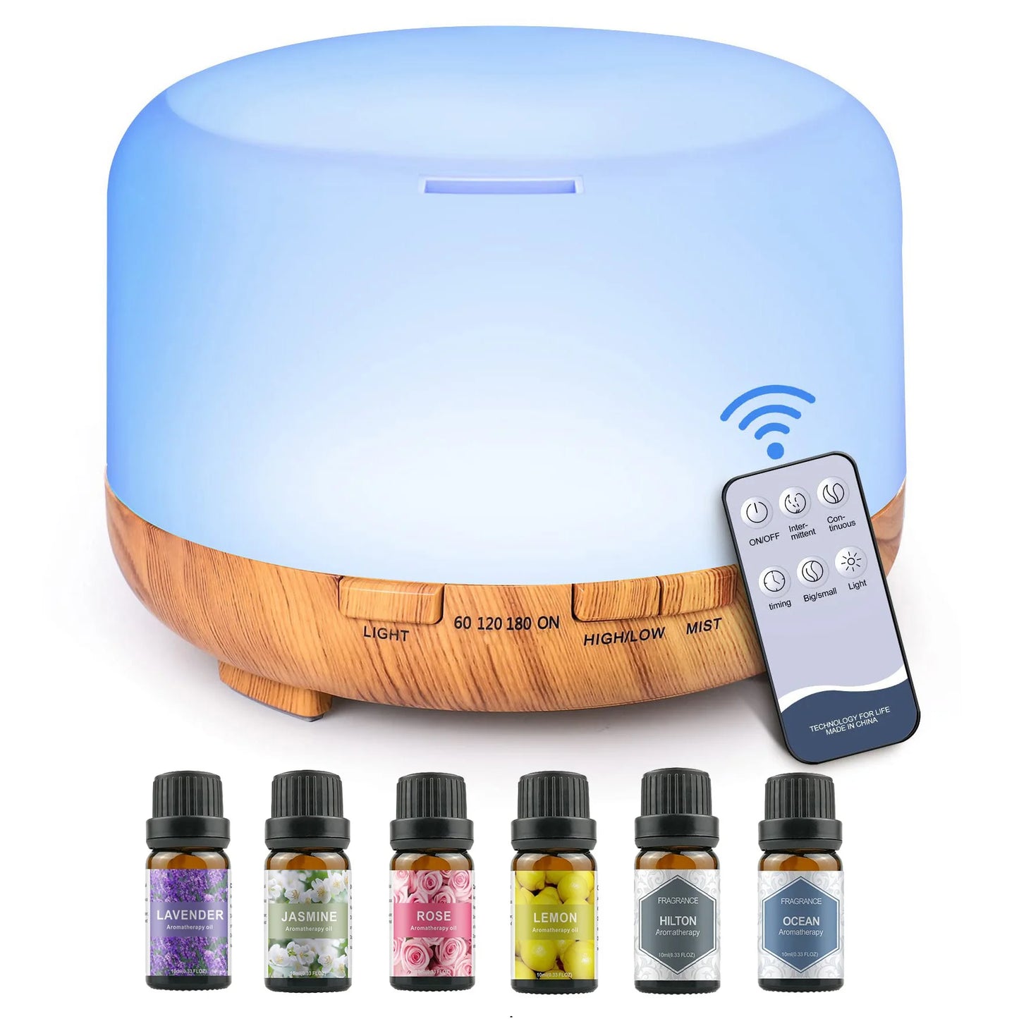Diffuseur Huiles Essentiel Apaisante 500ML + 5 huilles Essentiels, Avec télécommande Timer / Diffusion de lumière