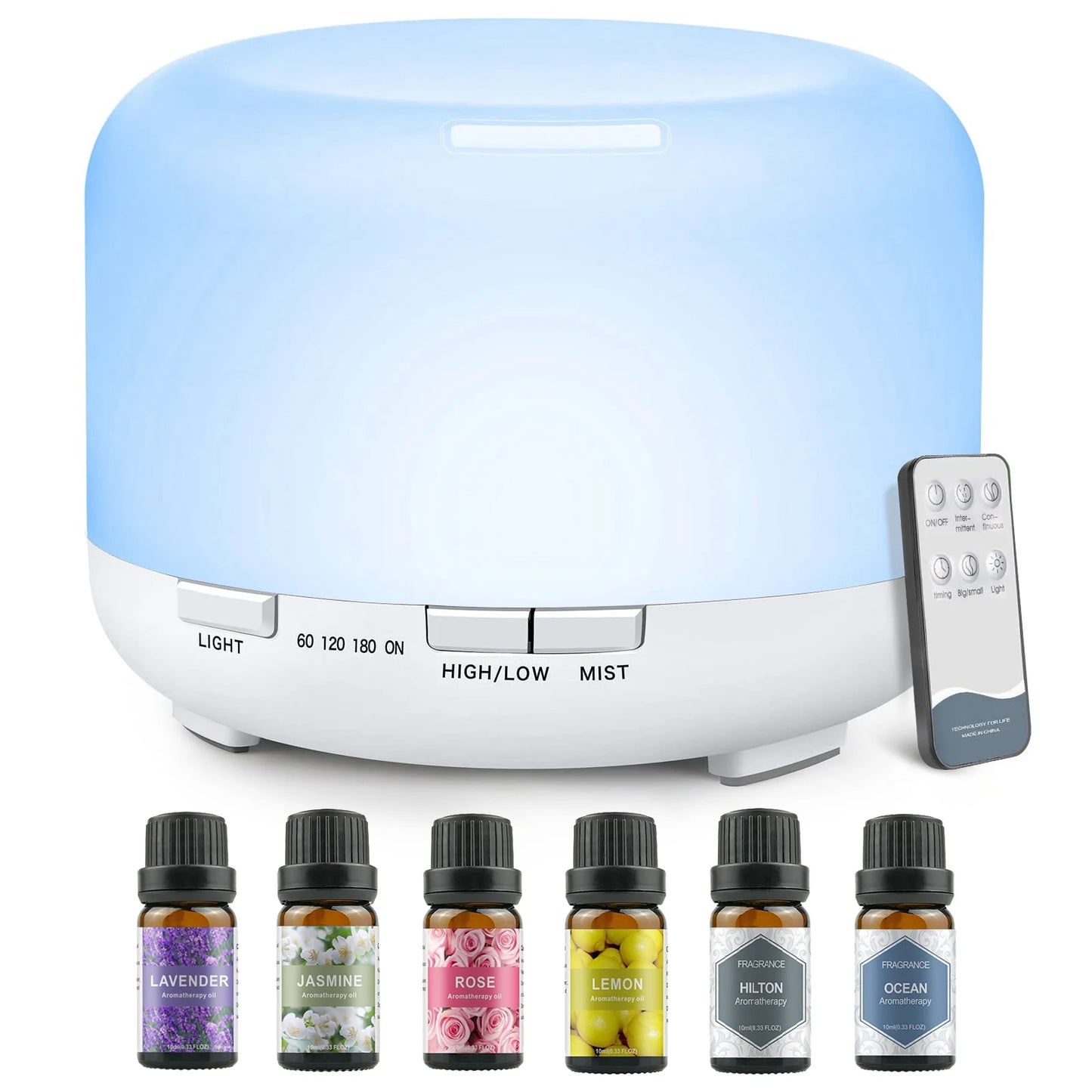 Diffuseur Huiles Essentiel Apaisante 500ML + 5 huilles Essentiels, Avec télécommande Timer / Diffusion de lumière