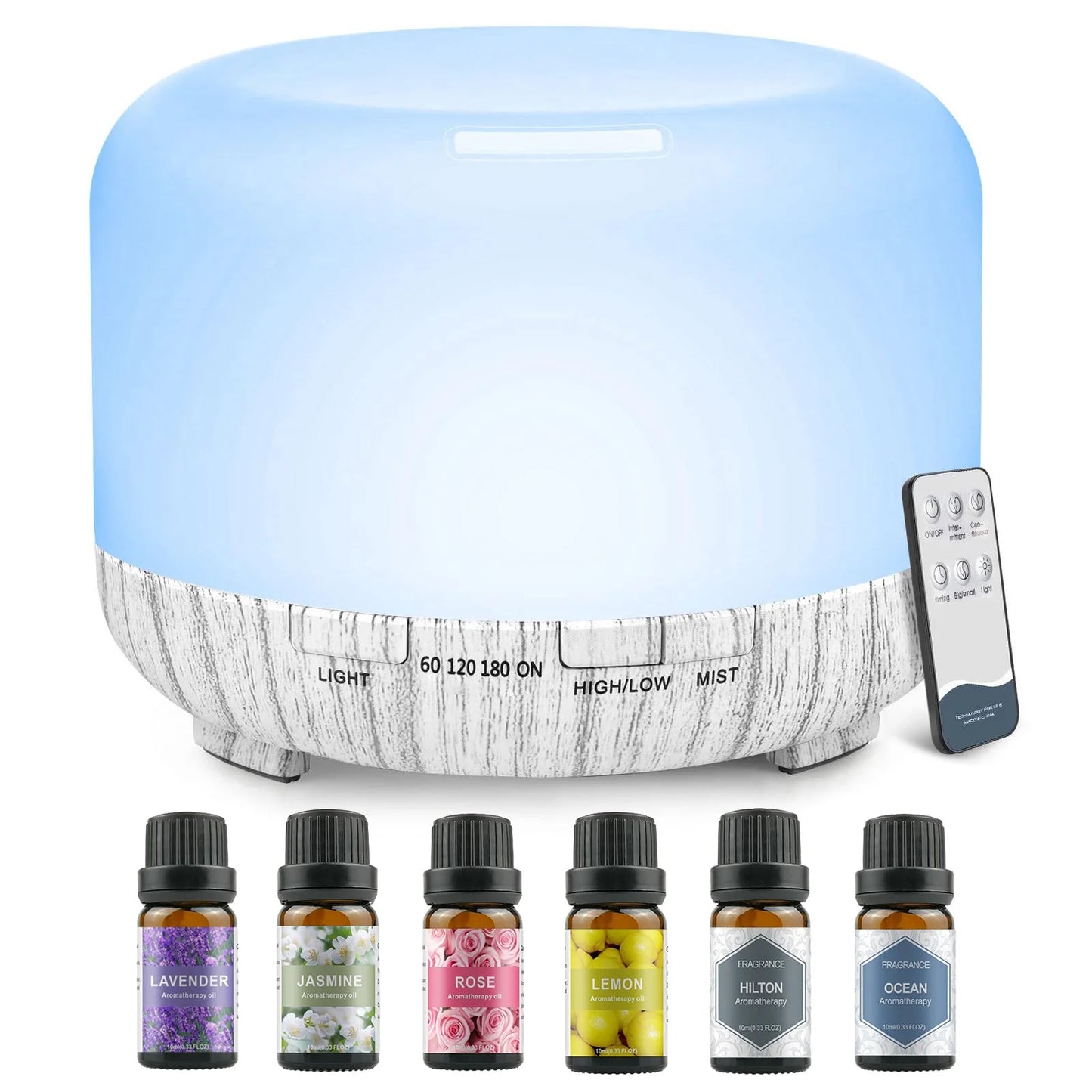 Diffuseur Huiles Essentiel Apaisante 500ML + 5 huilles Essentiels, Avec télécommande Timer / Diffusion de lumière