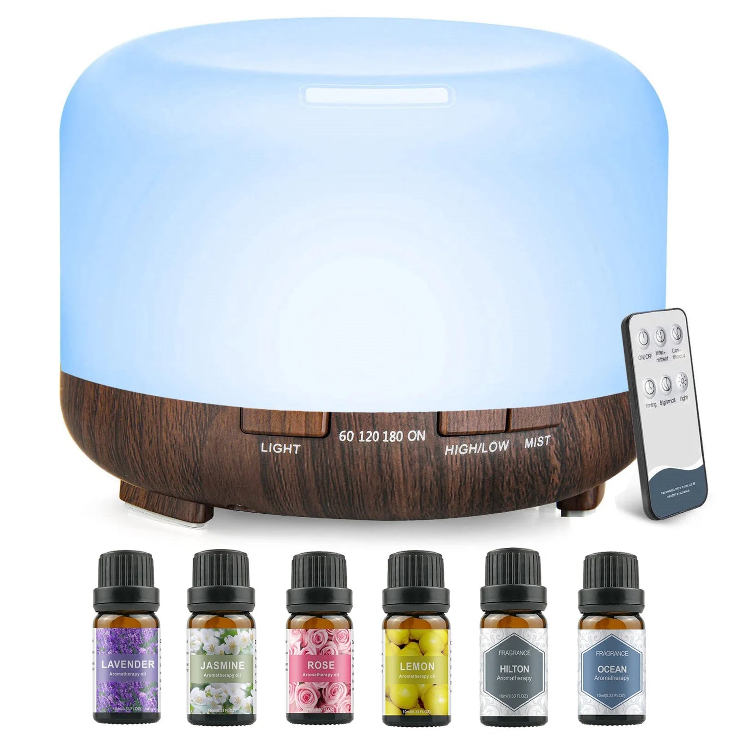 Diffuseur Huiles Essentiel Apaisante 500ML + 5 huilles Essentiels, Avec télécommande Timer / Diffusion de lumière