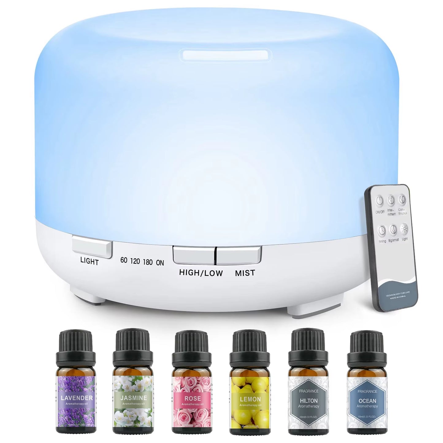 Diffuseur Huiles Essentiel Apaisante 500ML + 5 huilles Essentiels, Avec télécommande Timer / Diffusion de lumière