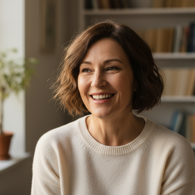 Femme cinquantaine joyeuse cheveux brun court carré