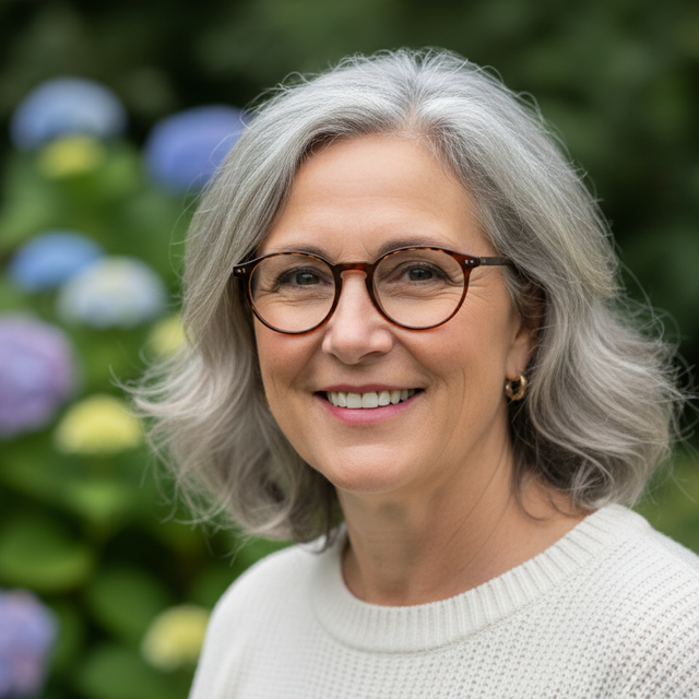 Femme la cinquantaine cheveux gris lunette souriante