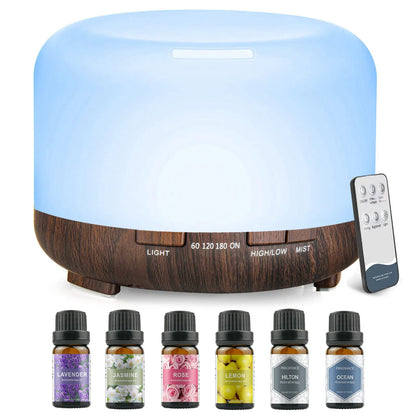 Diffuseur Huiles Essentiel Apaisante 500ML + 5 huilles Essentiels, Avec télécommande Timer / Diffusion de lumière 