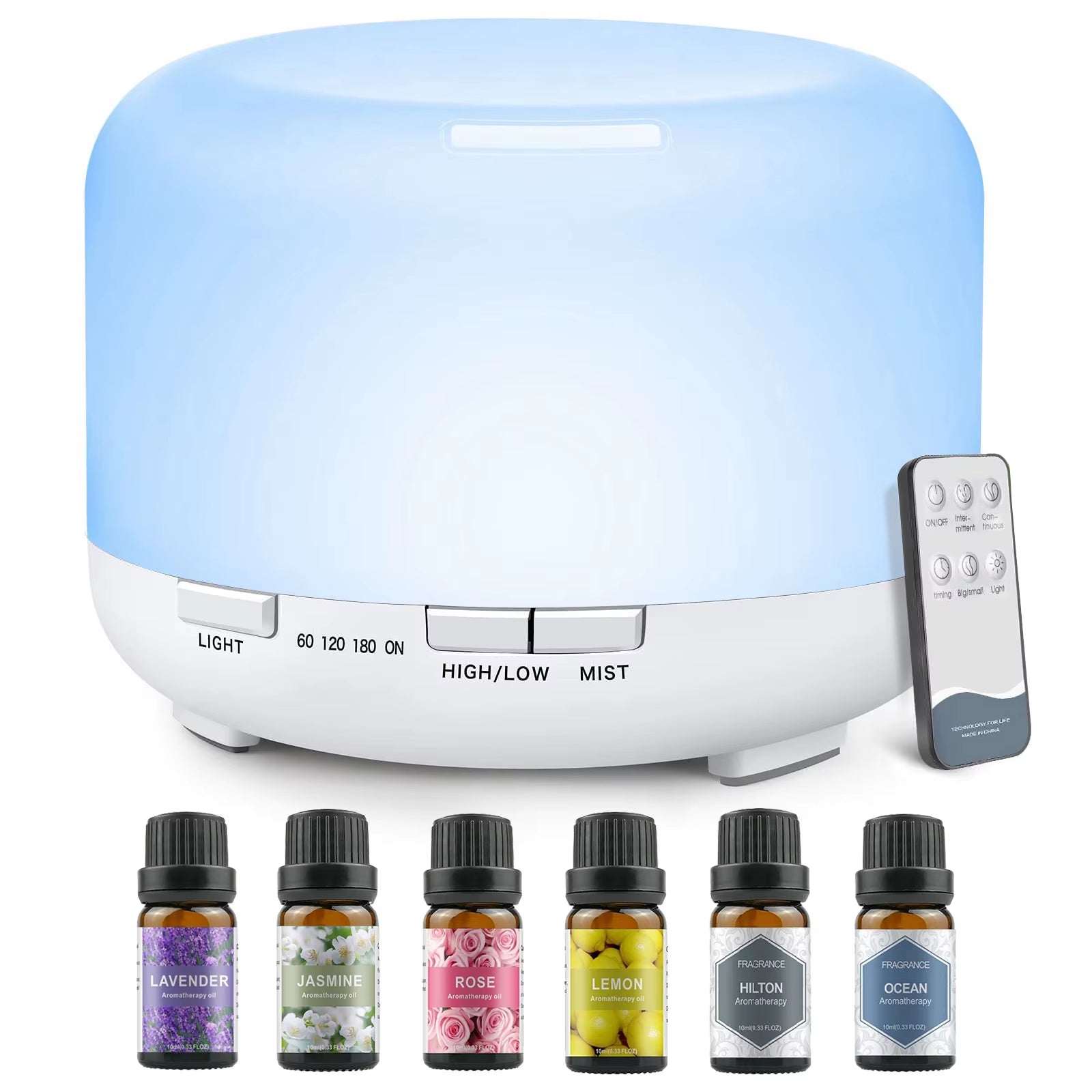 Diffuseur Huiles Essentiel Apaisante 500ML + 5 huilles Essentiels, Avec télécommande Timer / Diffusion de lumière 