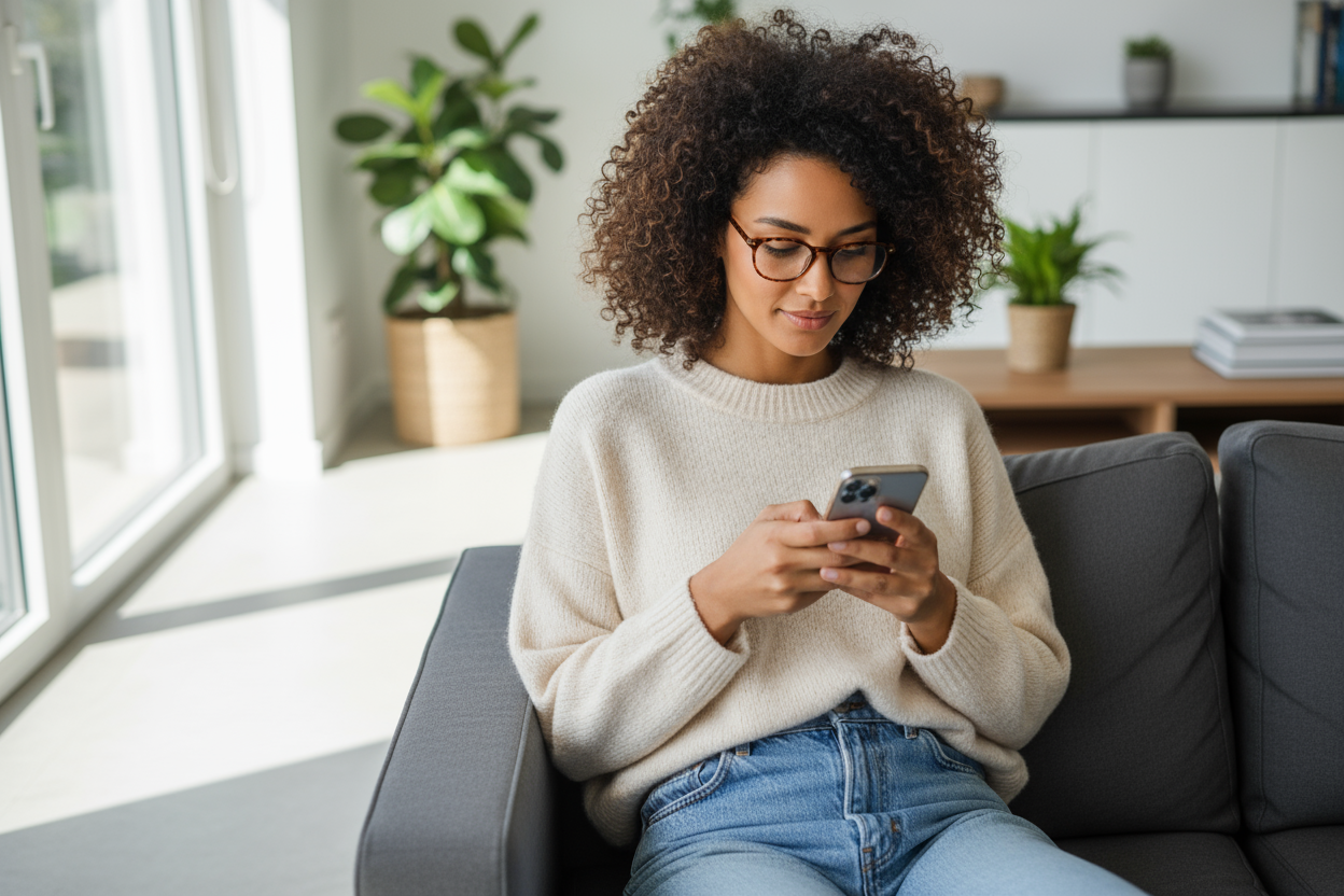femme 30 ans envion lunette peau noire ou métissé avec son téléphone