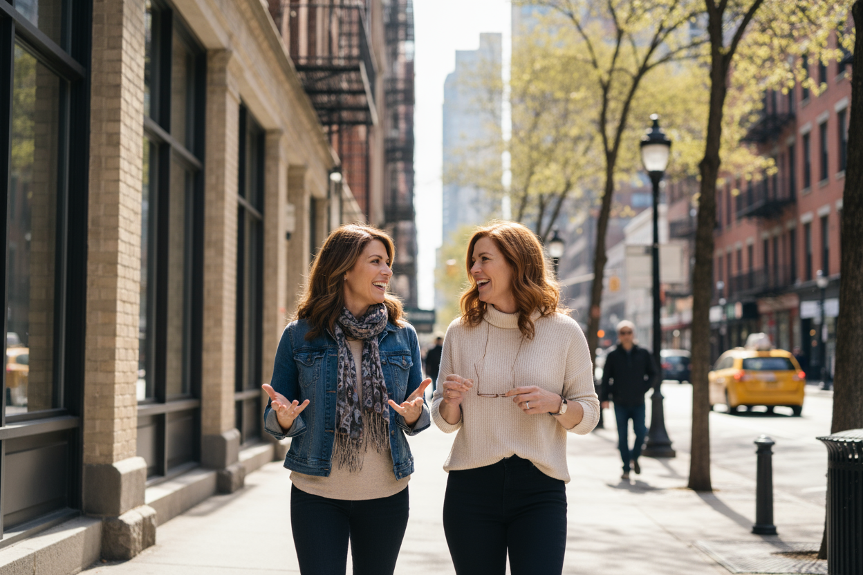 femme brune quarantaine avec une copine dans la rue marchant