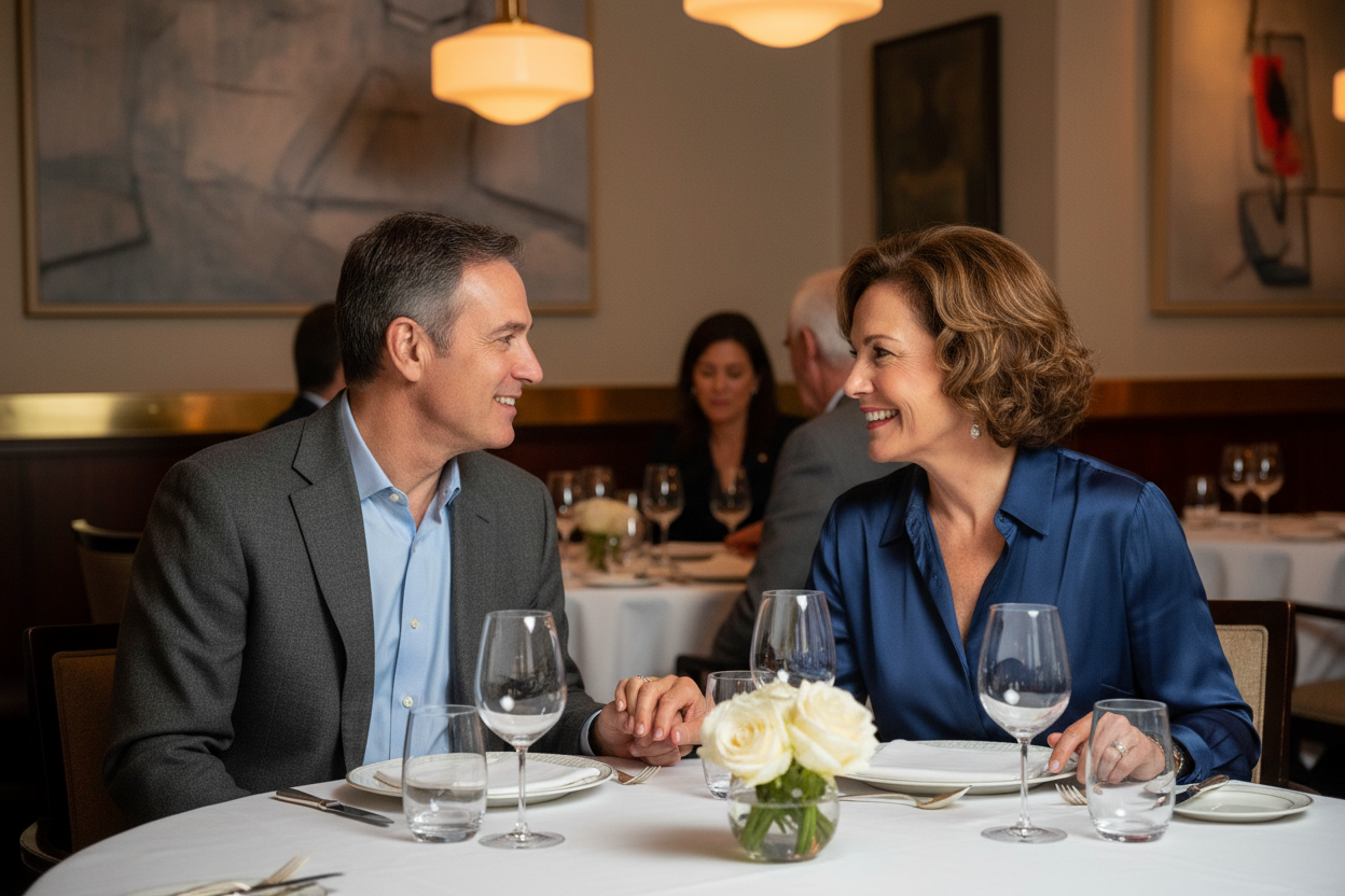 Femme cinquantaine avec son mari au restaurant