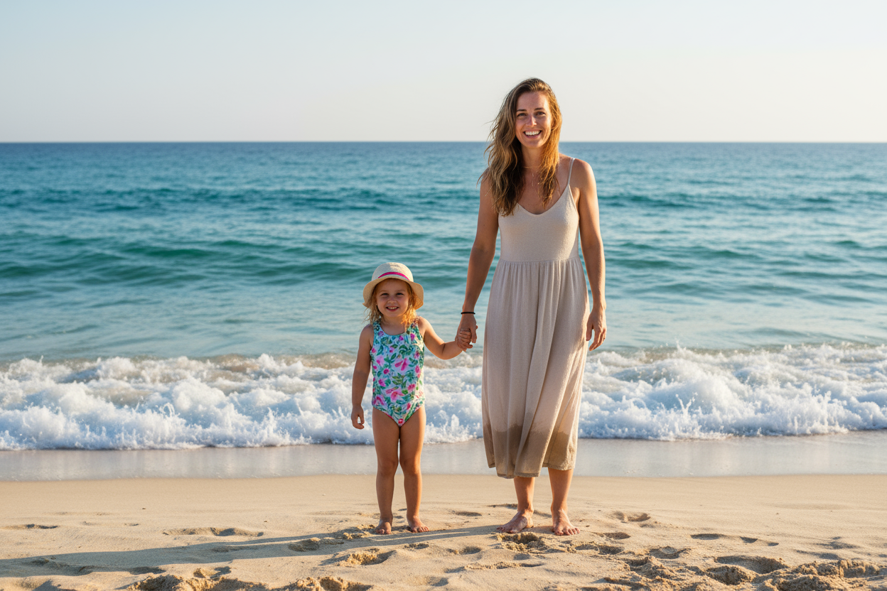 Femme et sa petite fille à la mer