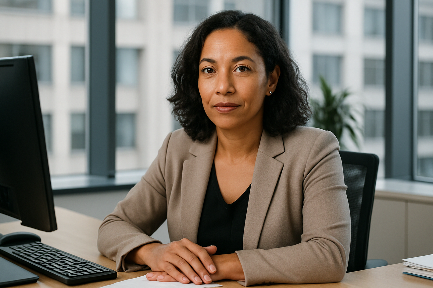 Femme la quarantaine devant son bureau metis