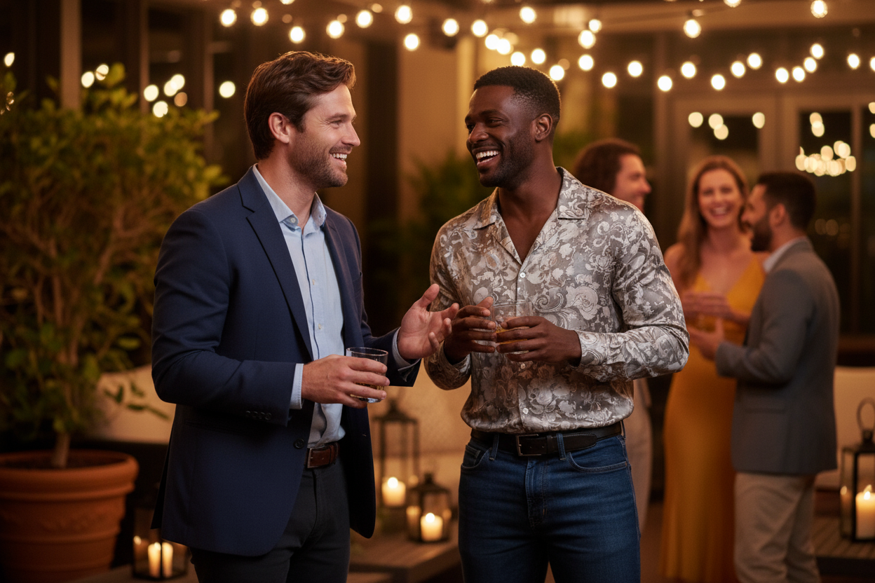 Homme brun avec un ami noire en soirée